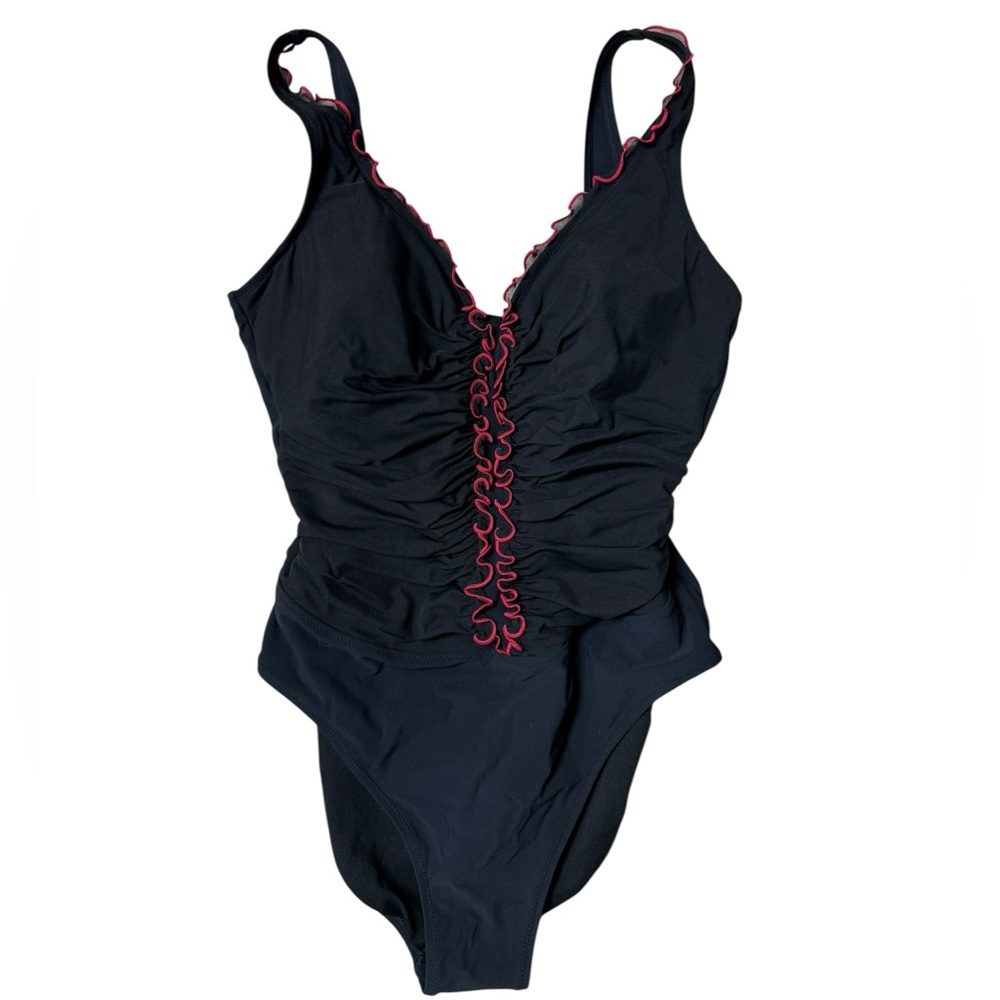 Profile By Gottex Black One Piece Swimsuit with Pink Ruffle V-Neck Trim